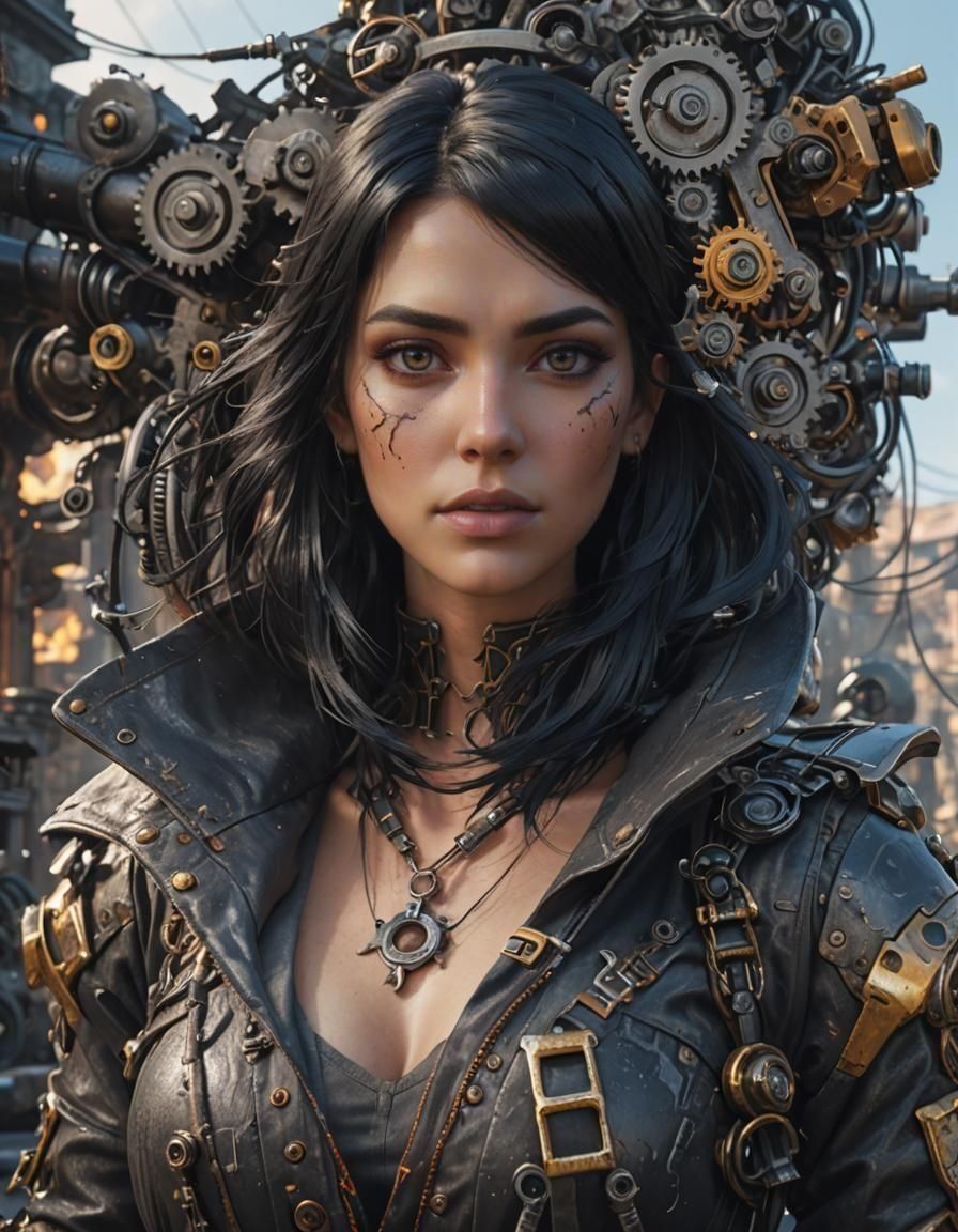 Black-Haired Mechanic in Detailed Matte Painting