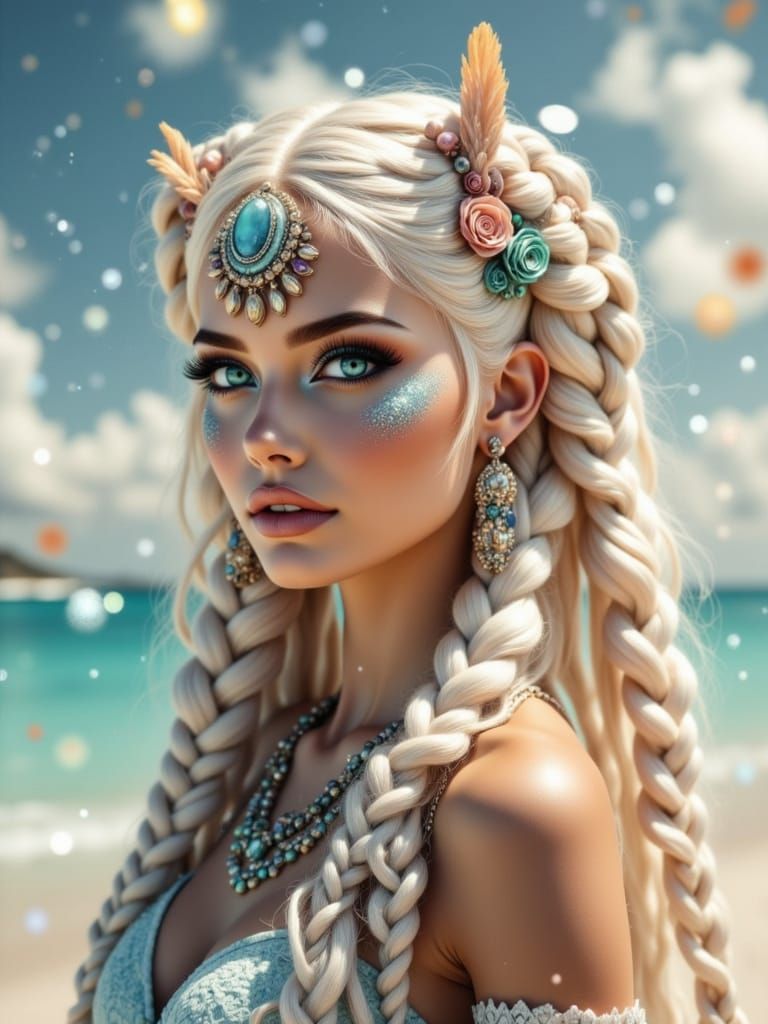 Boho Woman with Rococo Hair on Beach