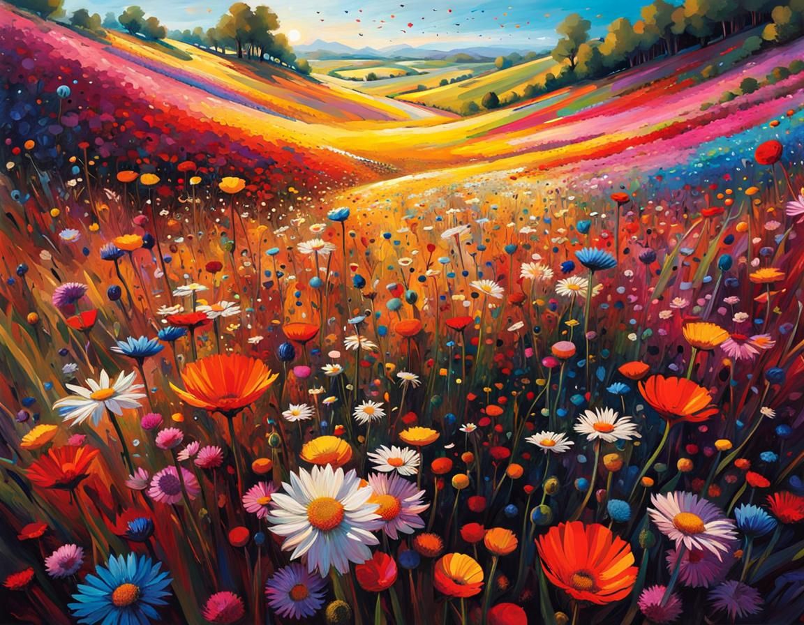 Bustling Flower Meadow Close-Up in Vibrant Colors