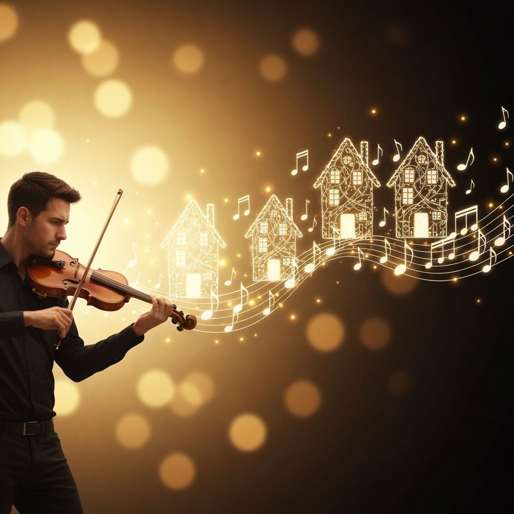 Man Playing Violin, Musical Notes Form Houses
