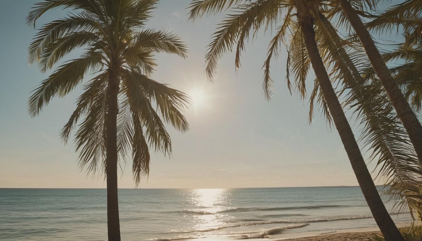 Golden Hour Beach Scene with Palm Trees