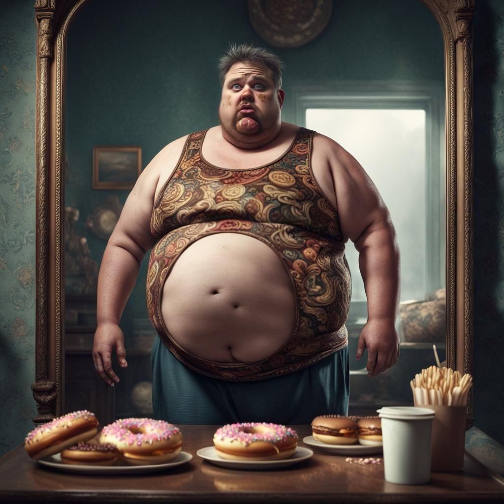 Overweight Man's Humiliating Reflection: Digital Matte Paint...