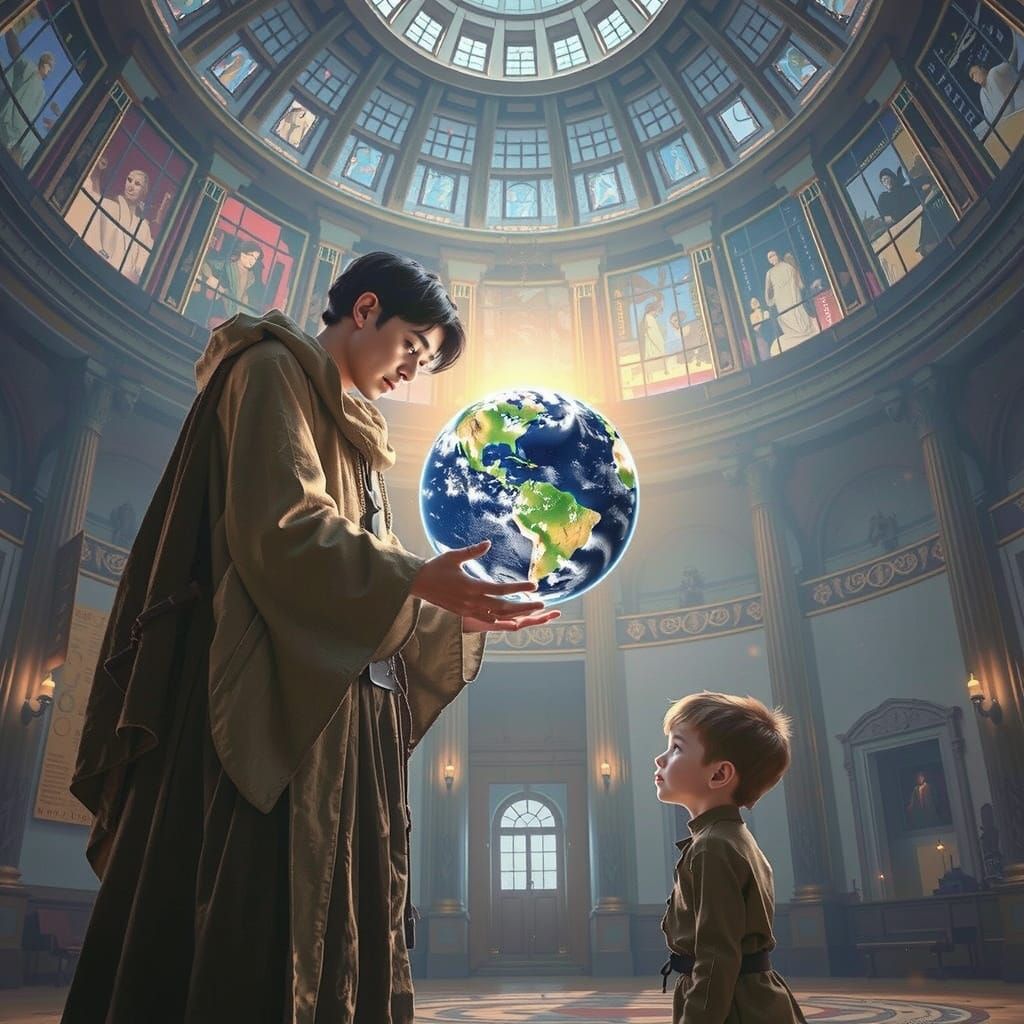 Androgynous Guardian Offers Earthly Gift in Classical Temple