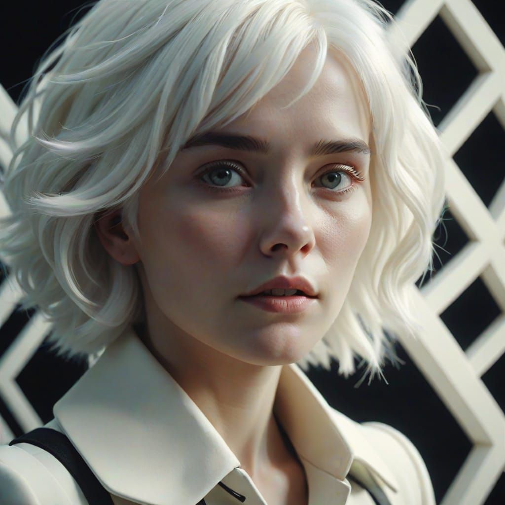 Geometric White Hair Sculpture: A Cinematic Still