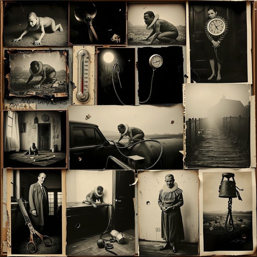 Surreal Collage of Crawling Figures and Decay