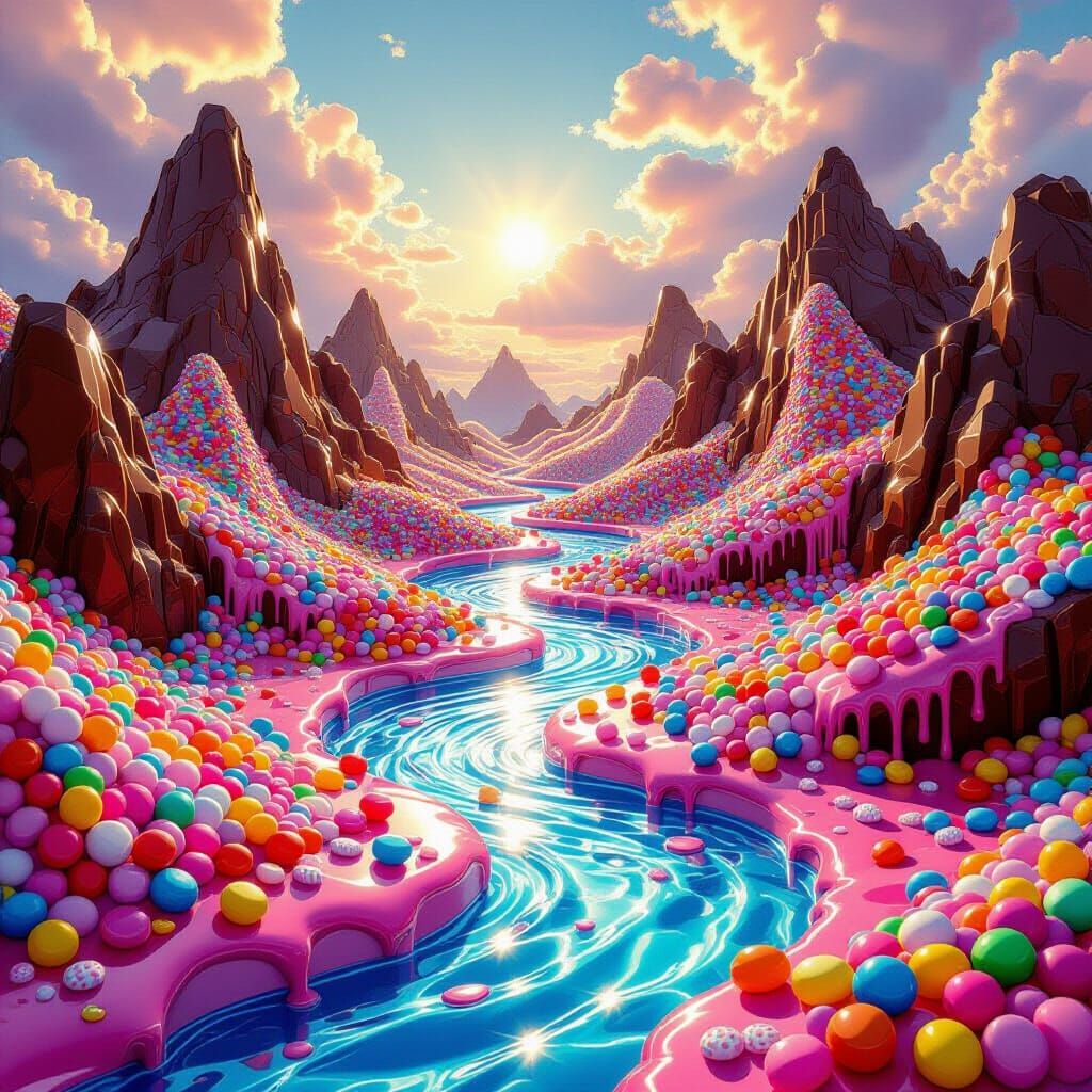 Surreal Liquid Candy Landscape with Gummy Mountains