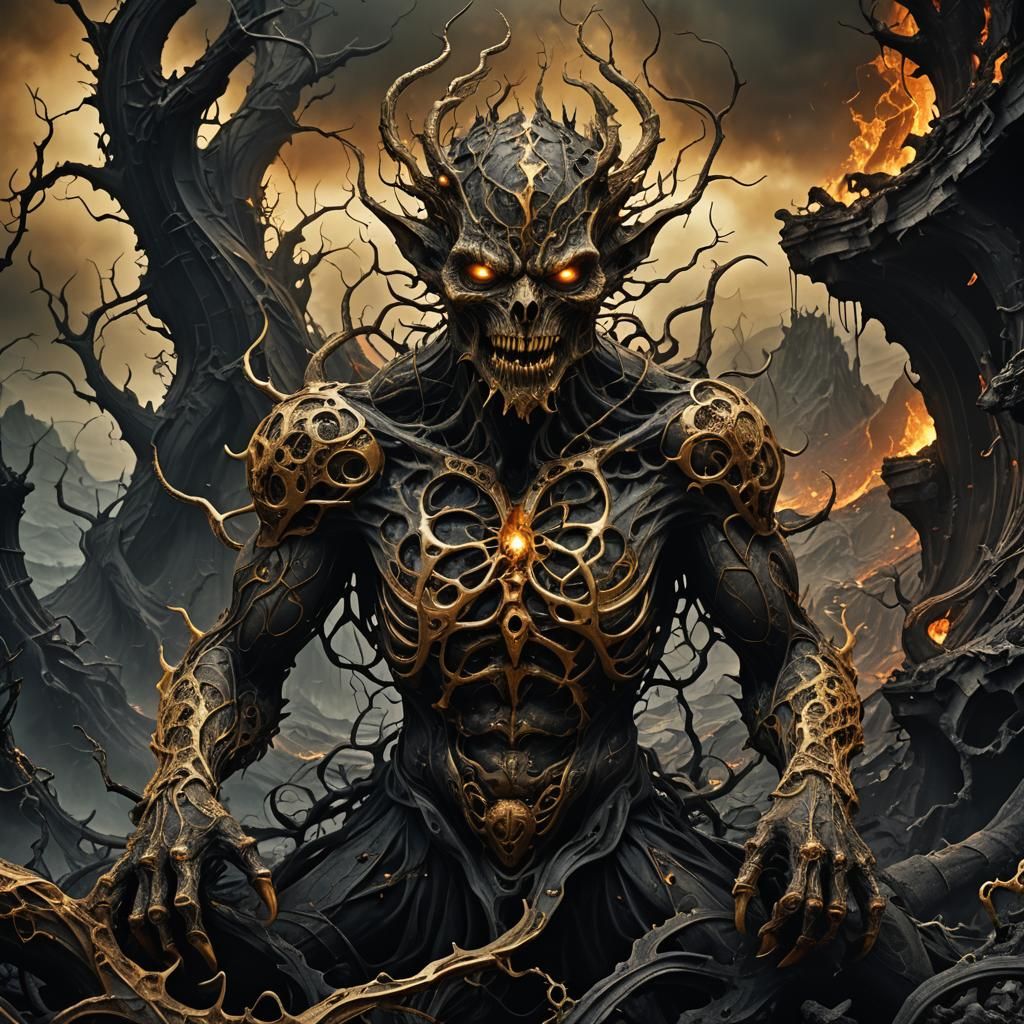 Grotesque Creature in Hellish Surrealist Landscape