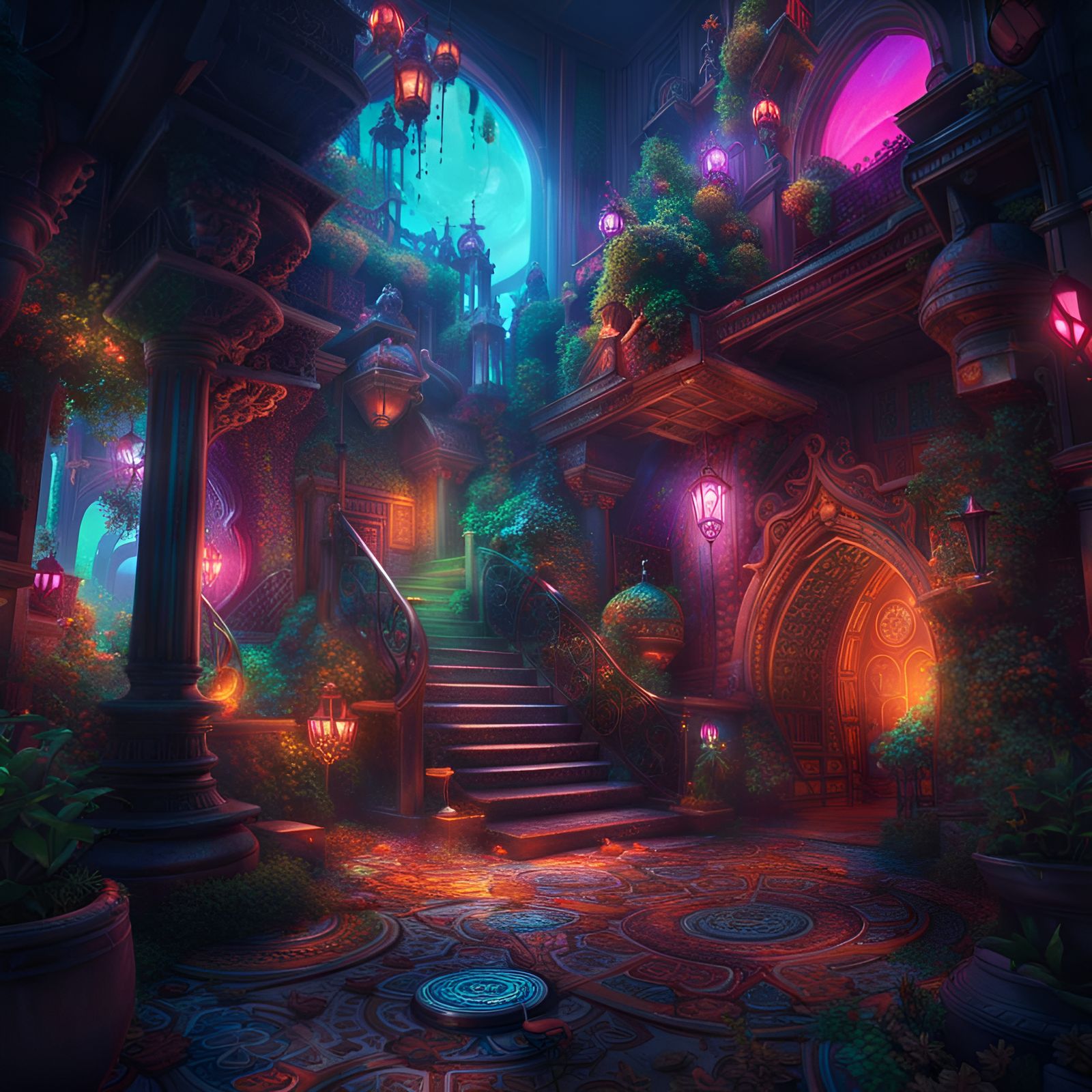 Vibrant Fantasy Home with Neon Touches