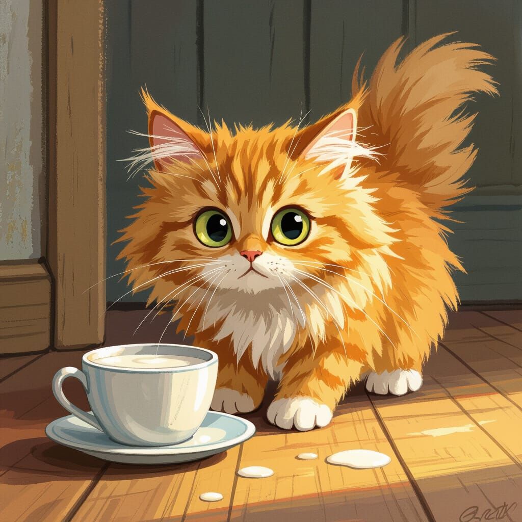 Drunk Ginger Cat Stumbles Beside Milk