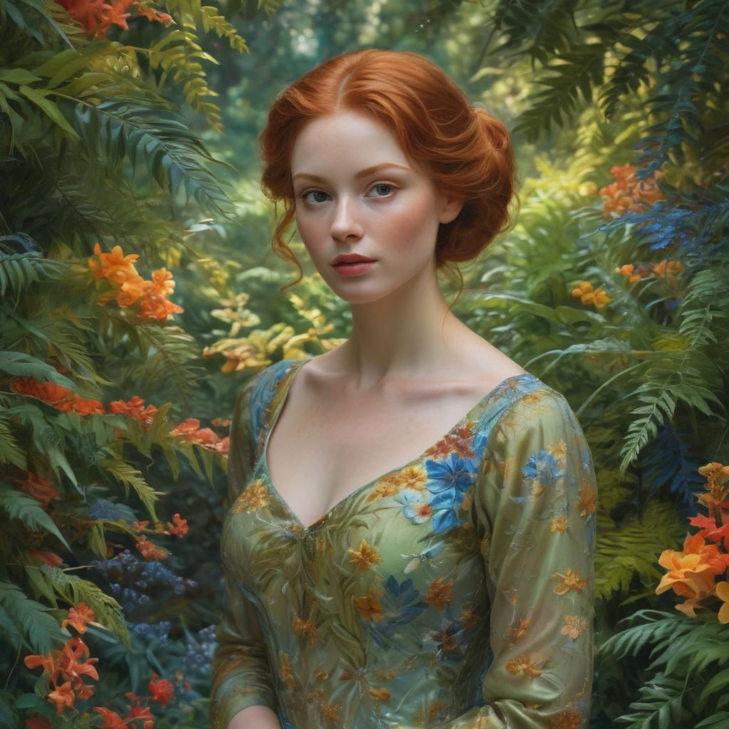 Ethereal Redhead in Vibrant Flower Garden, Oil Painting