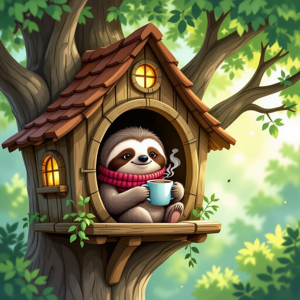 Cozy Sloth in Treehouse Storybook Illustration