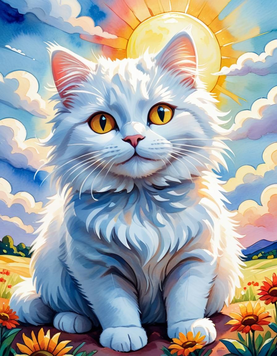 White Cat in Smiling Sun, Watercolor Children's Illustration