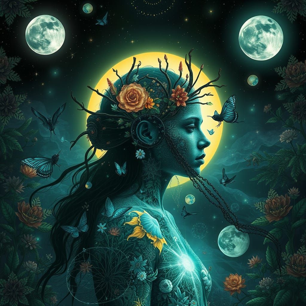 Ethereal Mindscape: Earth, Moon, and Mythological Dance