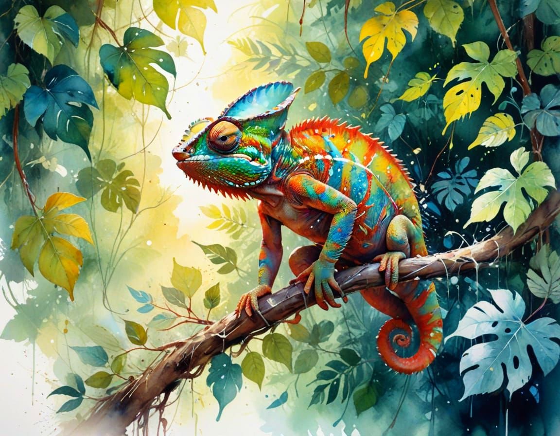Chameleon on Vine, Watercolour and Airbrush Style