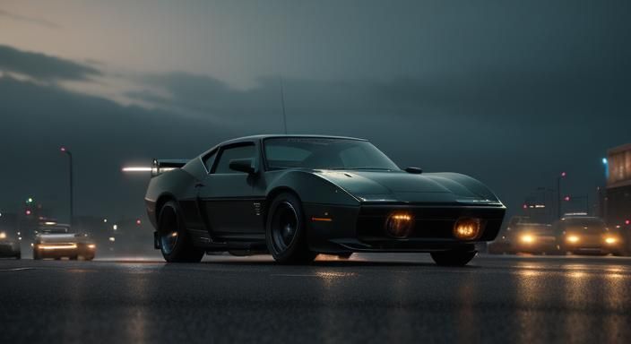 Cinematic Car Drives into Neon City at Dusk