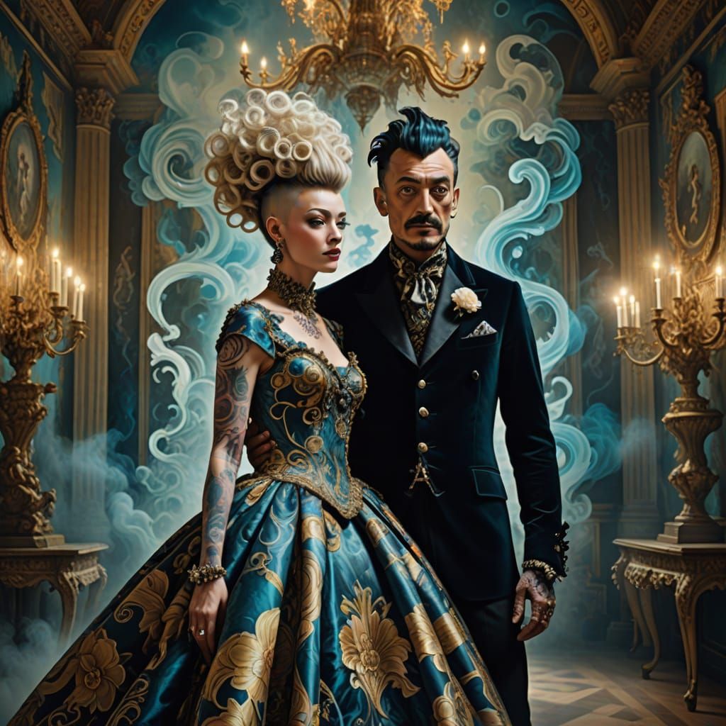 Surreal Baroque Punk Masterpiece in Vibrant, Swirling Patter...