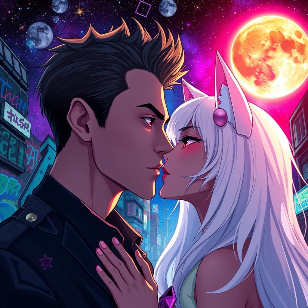 Ethereal Kiss in Neon Galaxy, Anime Art Style