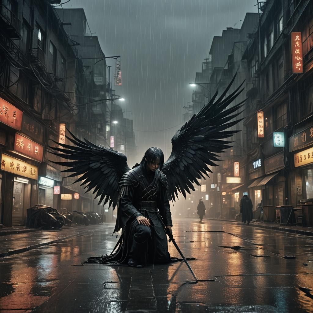 Fallen Angel in Rainy City Street, Dramatic Composition