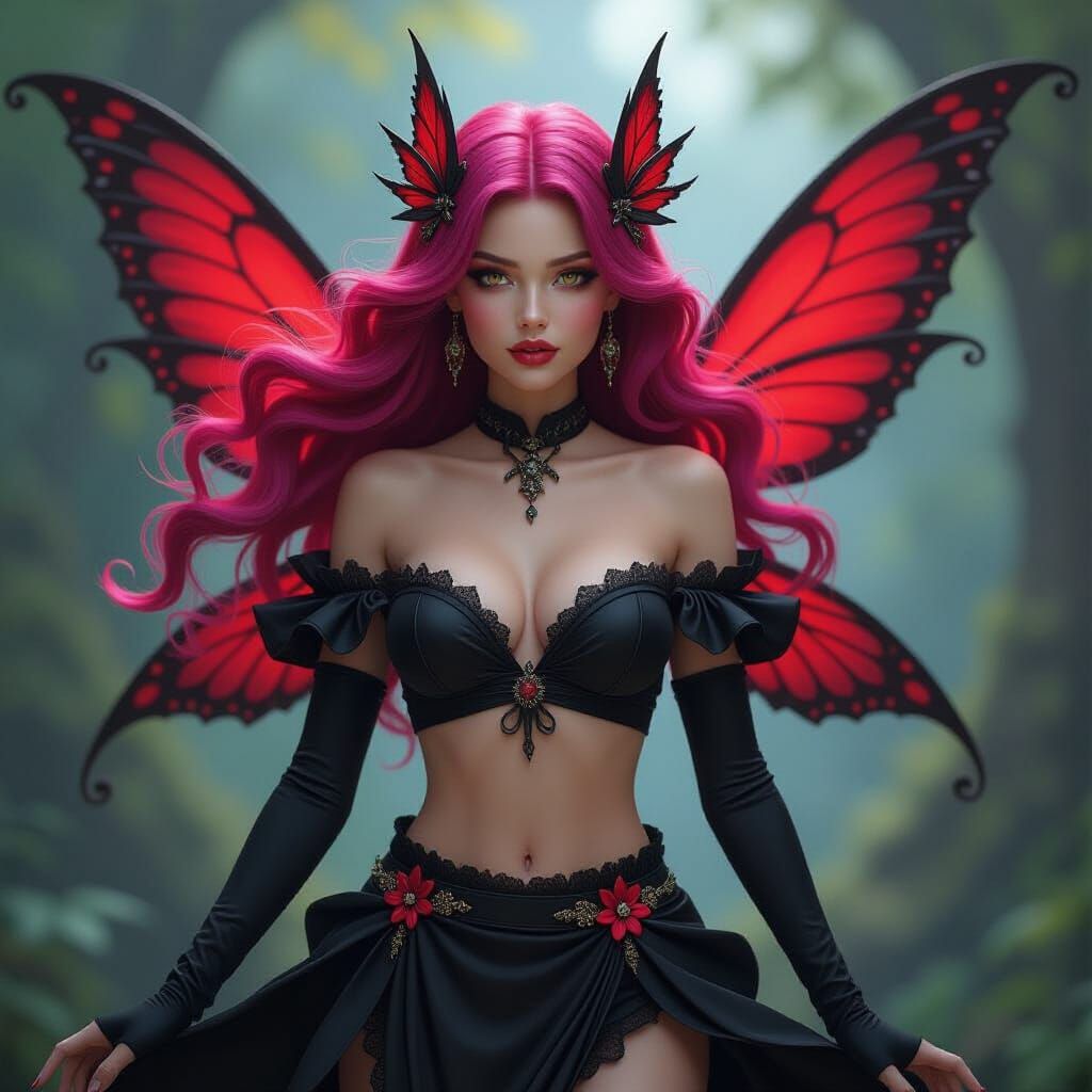 Whimsical Fairy in Black and Red Outfit
