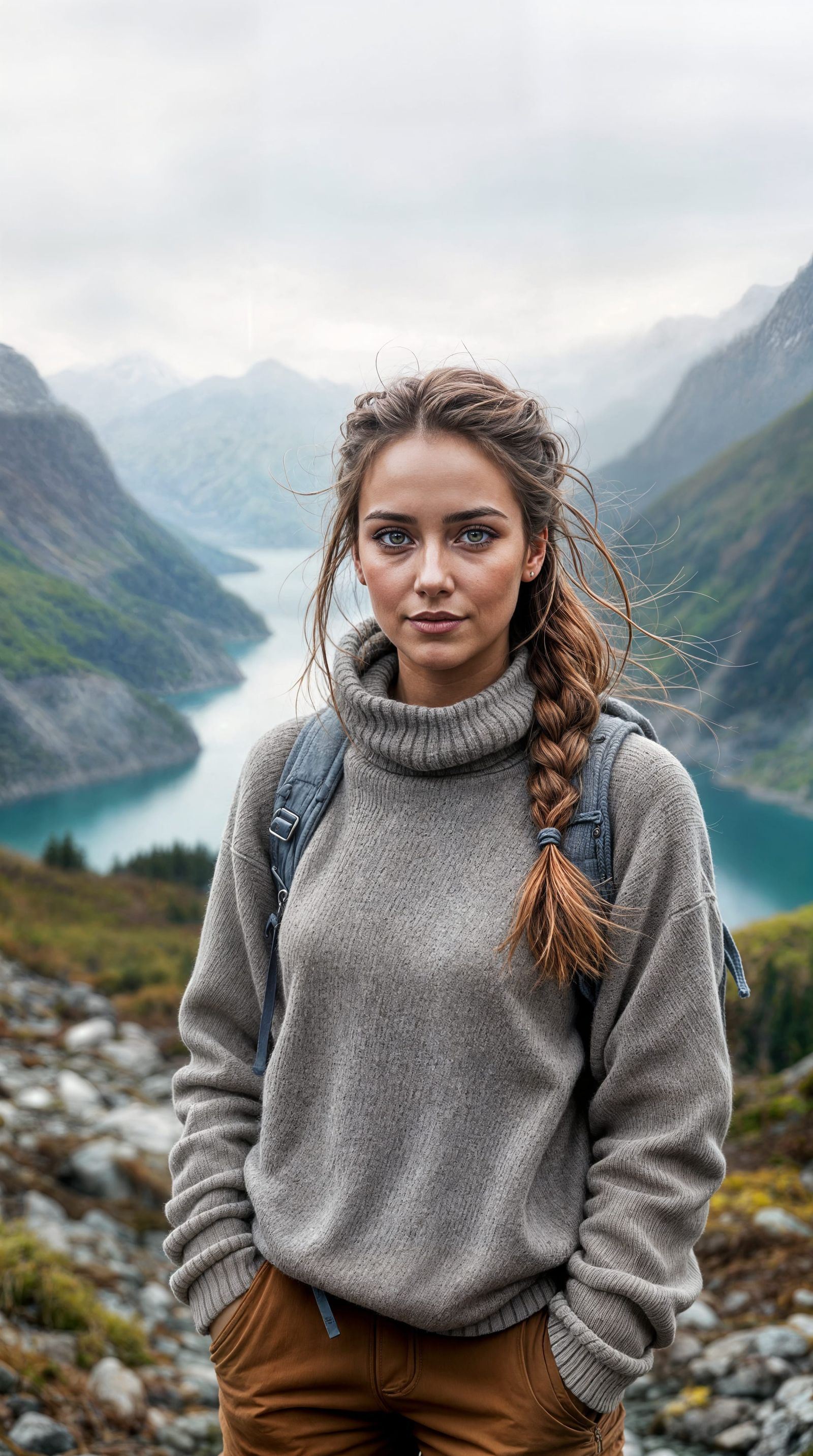 Serene Woman Stands on Norwegian Fjord Trail