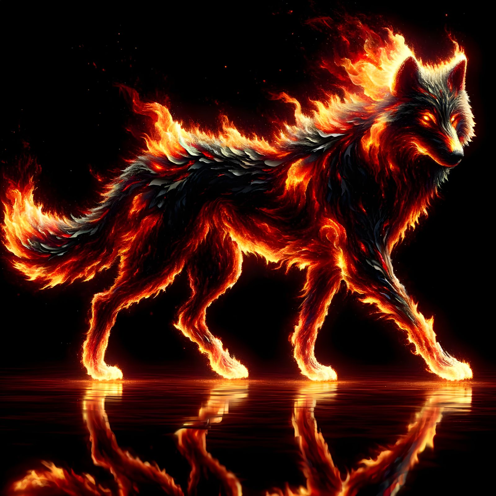 Flaming Wolf Emerges from Abyss in Fiery Grandeur