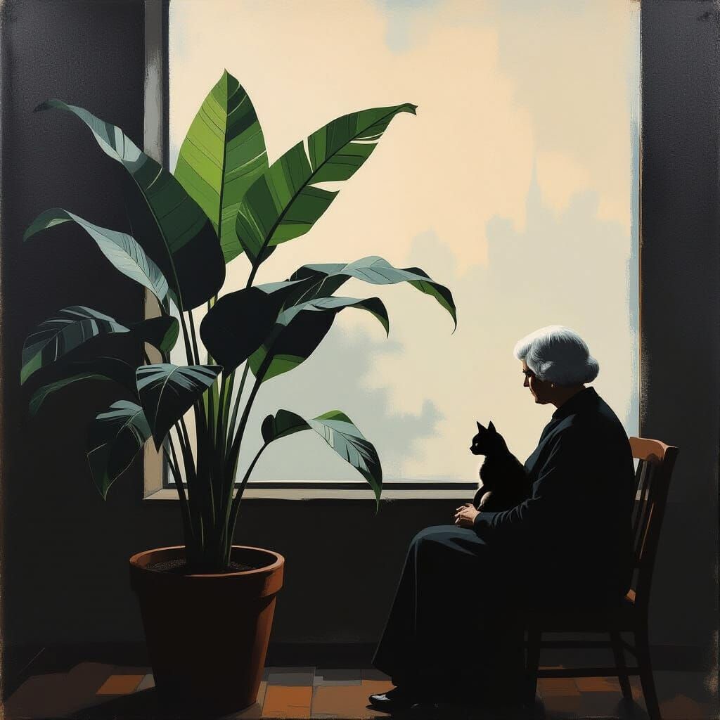 Abstract Woman with Cat in Painterly Style