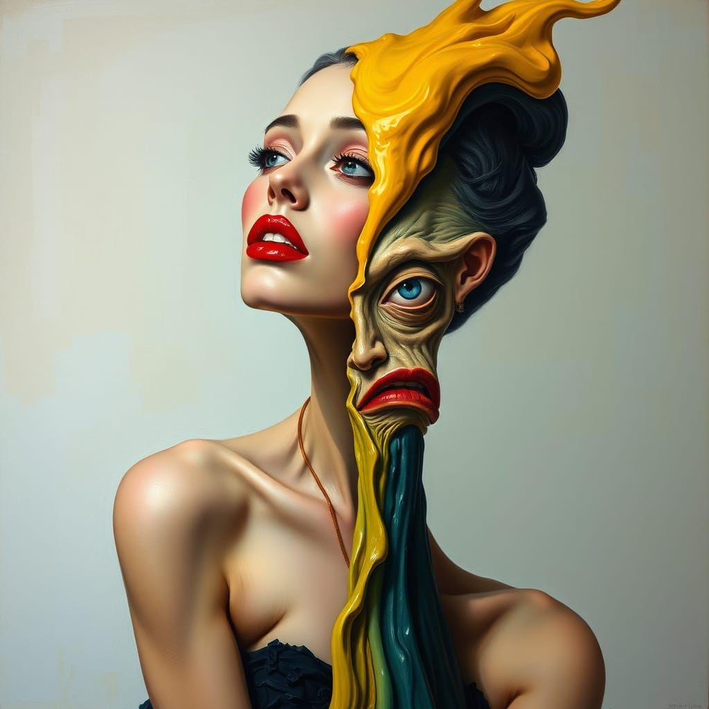 Surreal Woman Melts in Dreamlike Oil Painting
