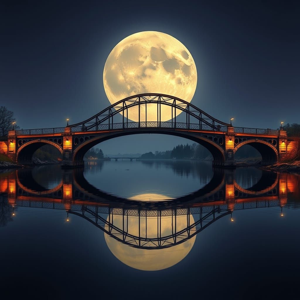 Magnificent Arched Bridge and Moon Reflection at Dusk