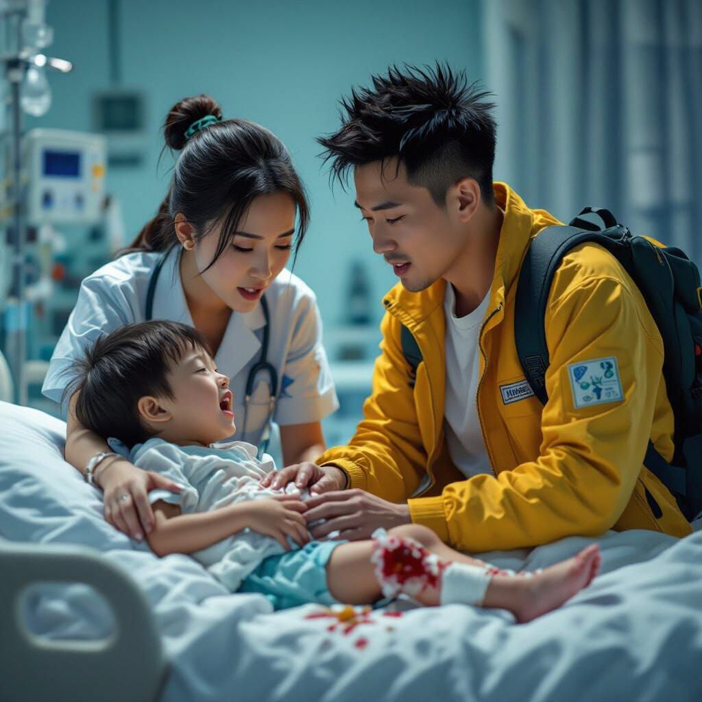 A chinese nurse and chinese father and chinese child are in ...