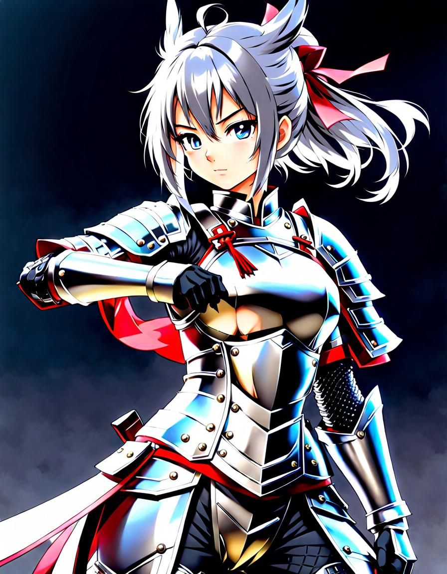 Female Samurai in Silver Armor: Anime Style