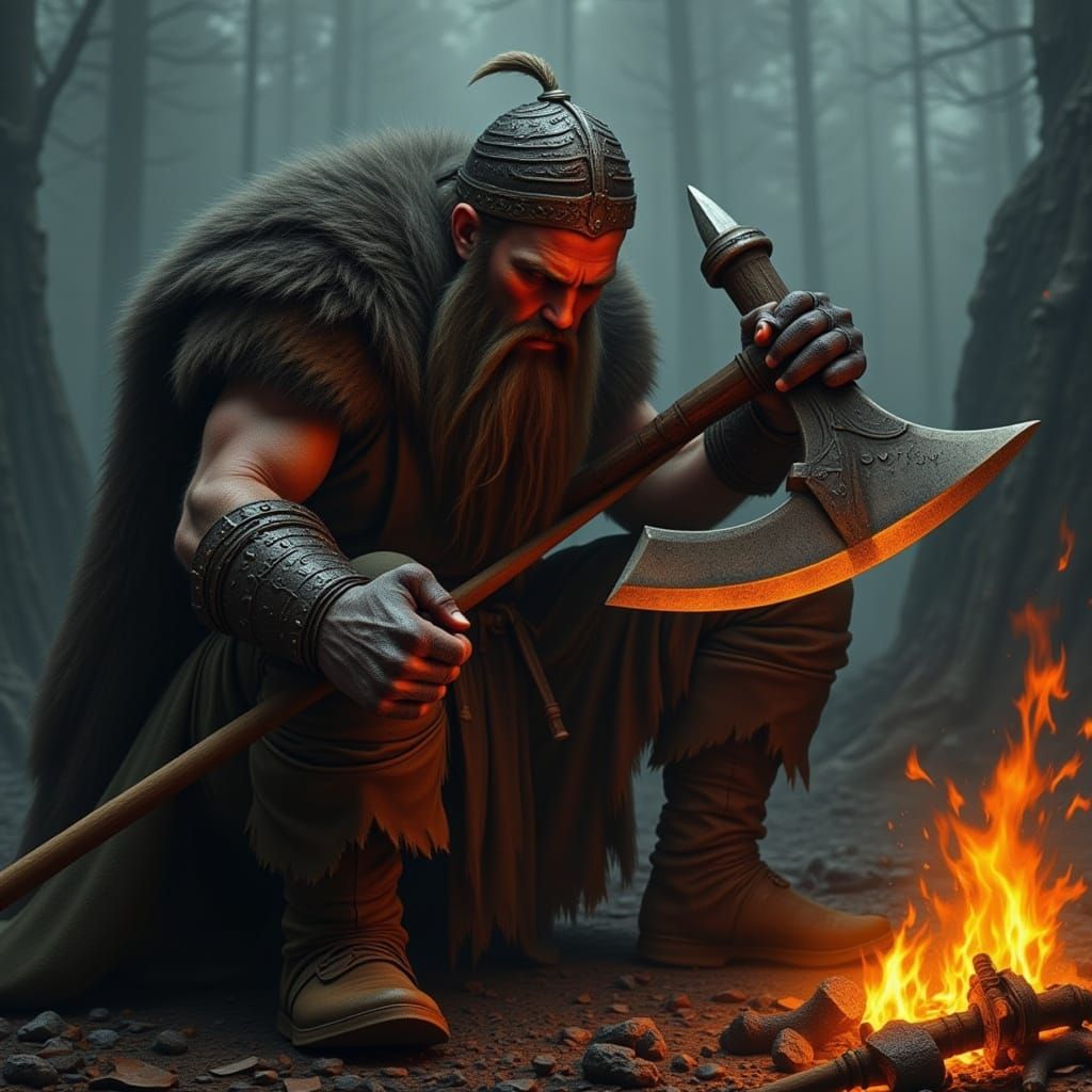 Viking Warrior Sharpens Axe by Campfire in Misty Landscape