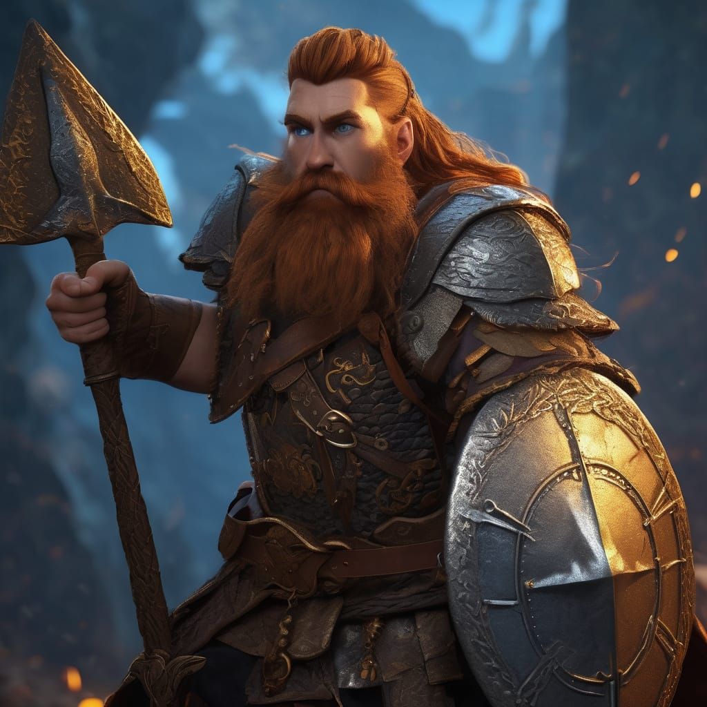 Auburn-Bearded Dwarf Warrior in Detailed Matte Painting Styl...