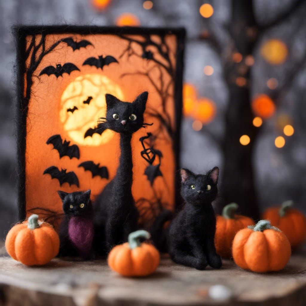 Needle Felted Halloween Diorama with Witches and Cat