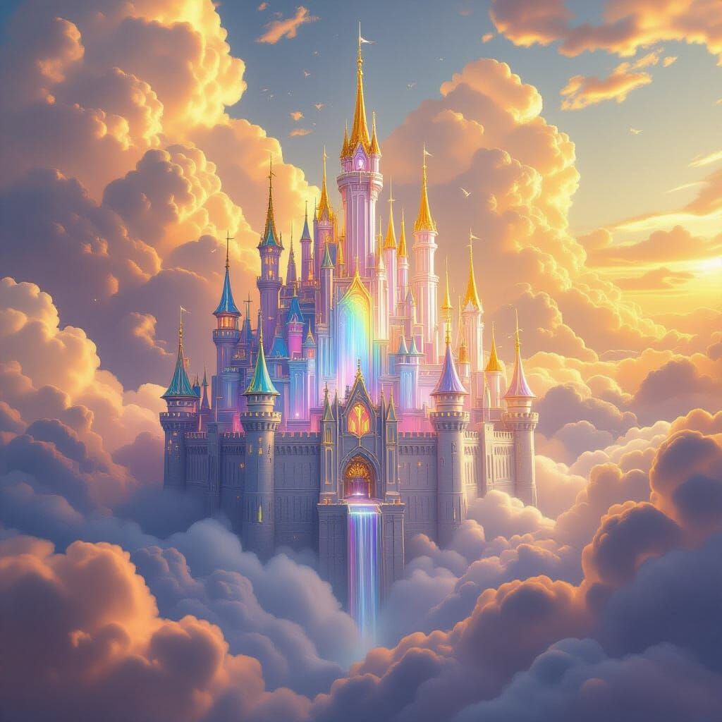 Crystalline Castle in Golden Clouds with Rainbow Light