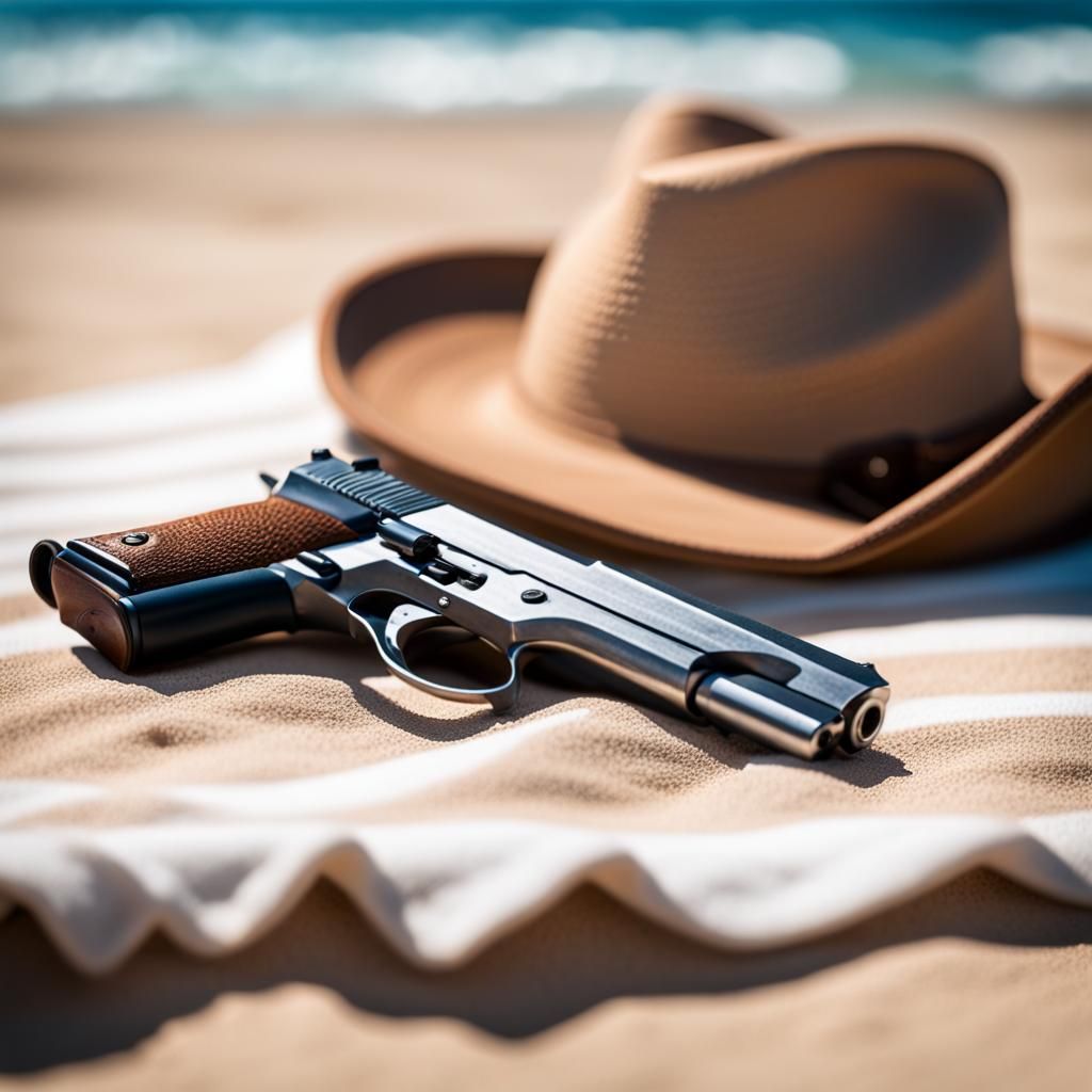 Old West Handgun on Beach with Propeller Hat