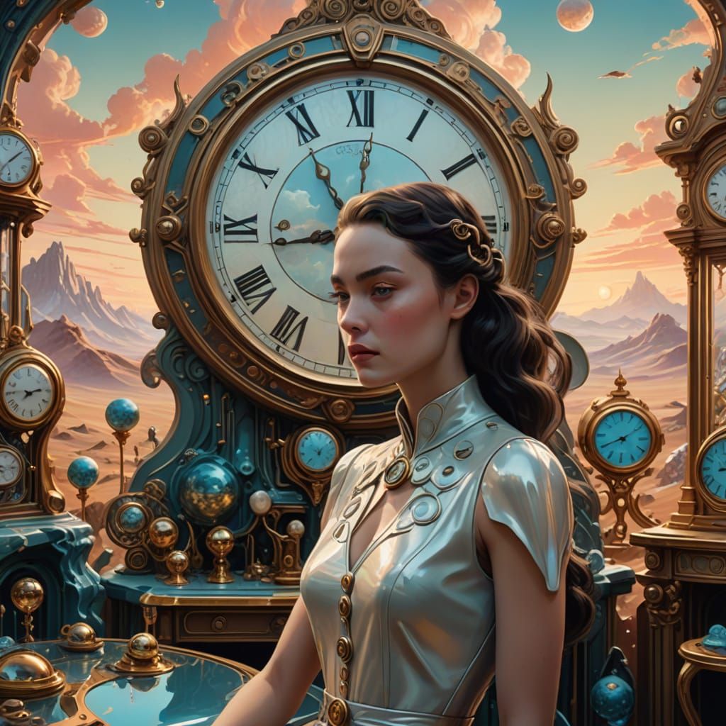 Surreal Dreamscapes: Young Woman in Melting Clocks and Furni...