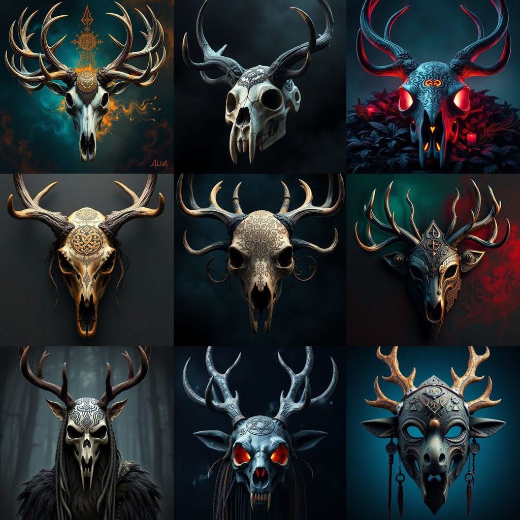 Viking Tribal Skull Mask with Deer Antlers in Fantasy Art