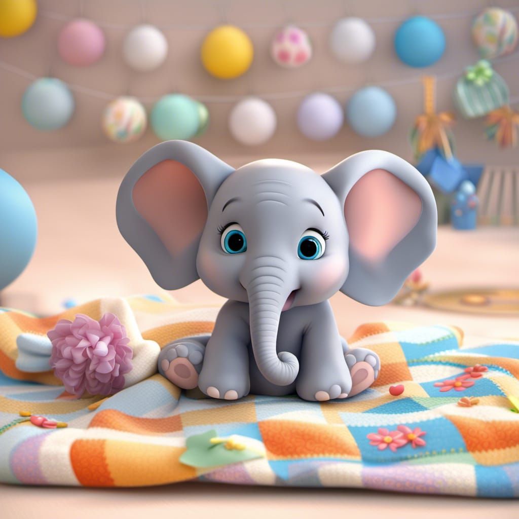 Pixar render Disney style adorable baby elephant, bow, rattl...
