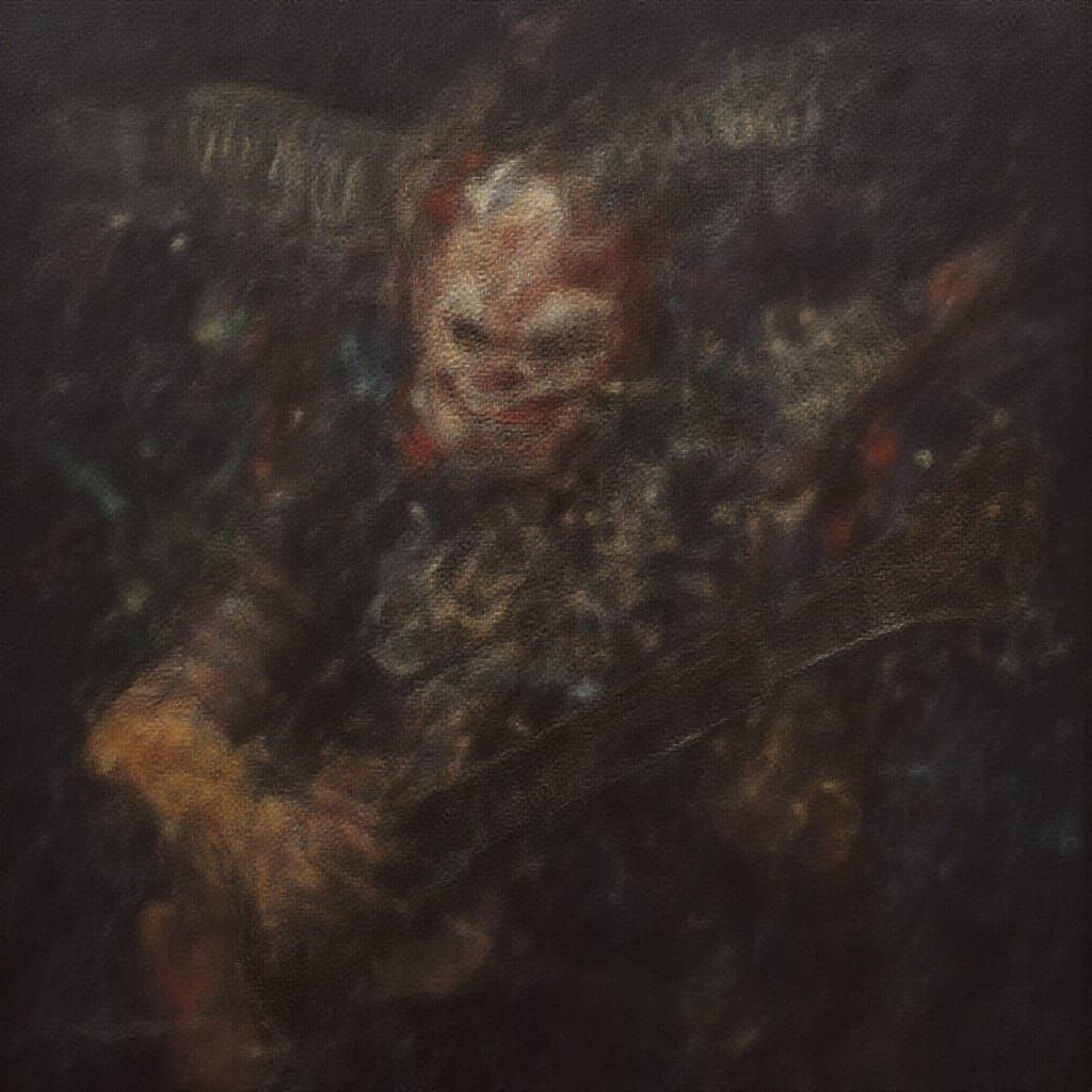 Evil Clown Playing Broken Guitar in Surreal Oil Painting