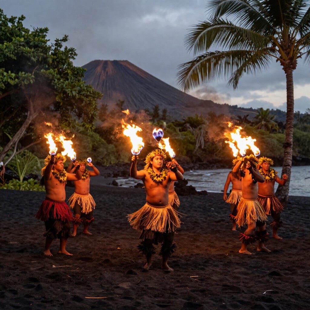 Hawaiian Fire Dance on Black Sand Beach at Dusk