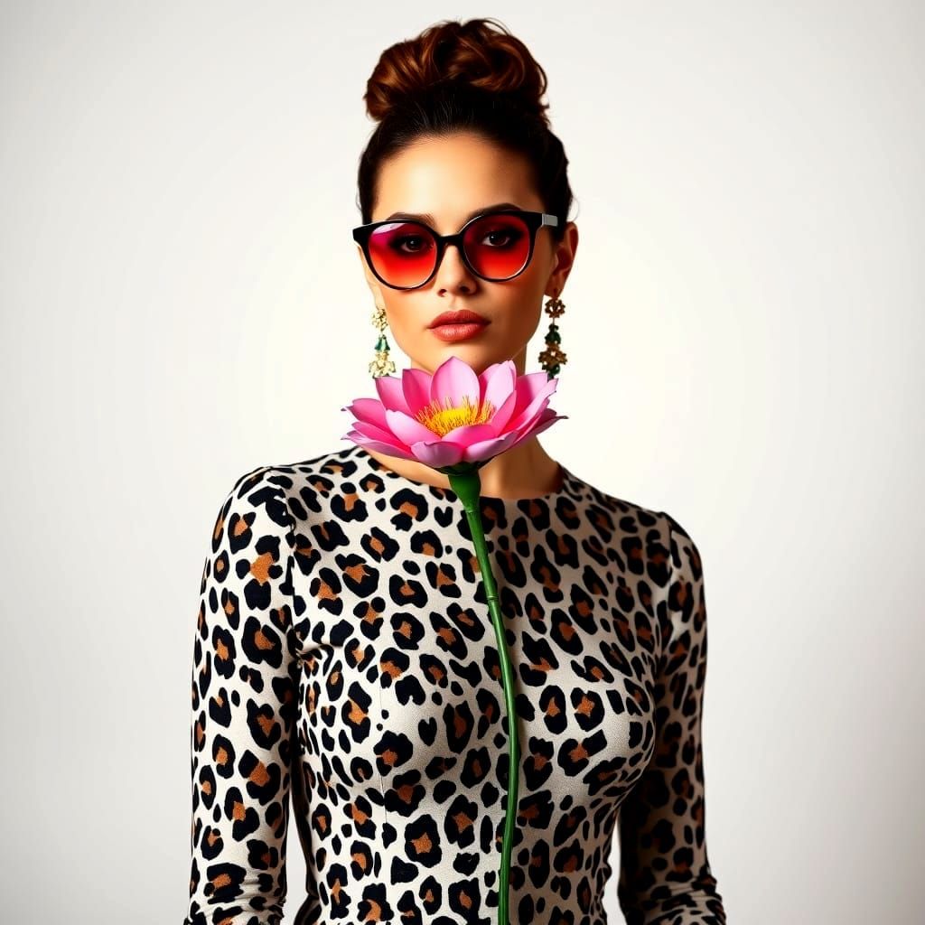 Elegant Woman in Leopard Print with Pink Glass Flower