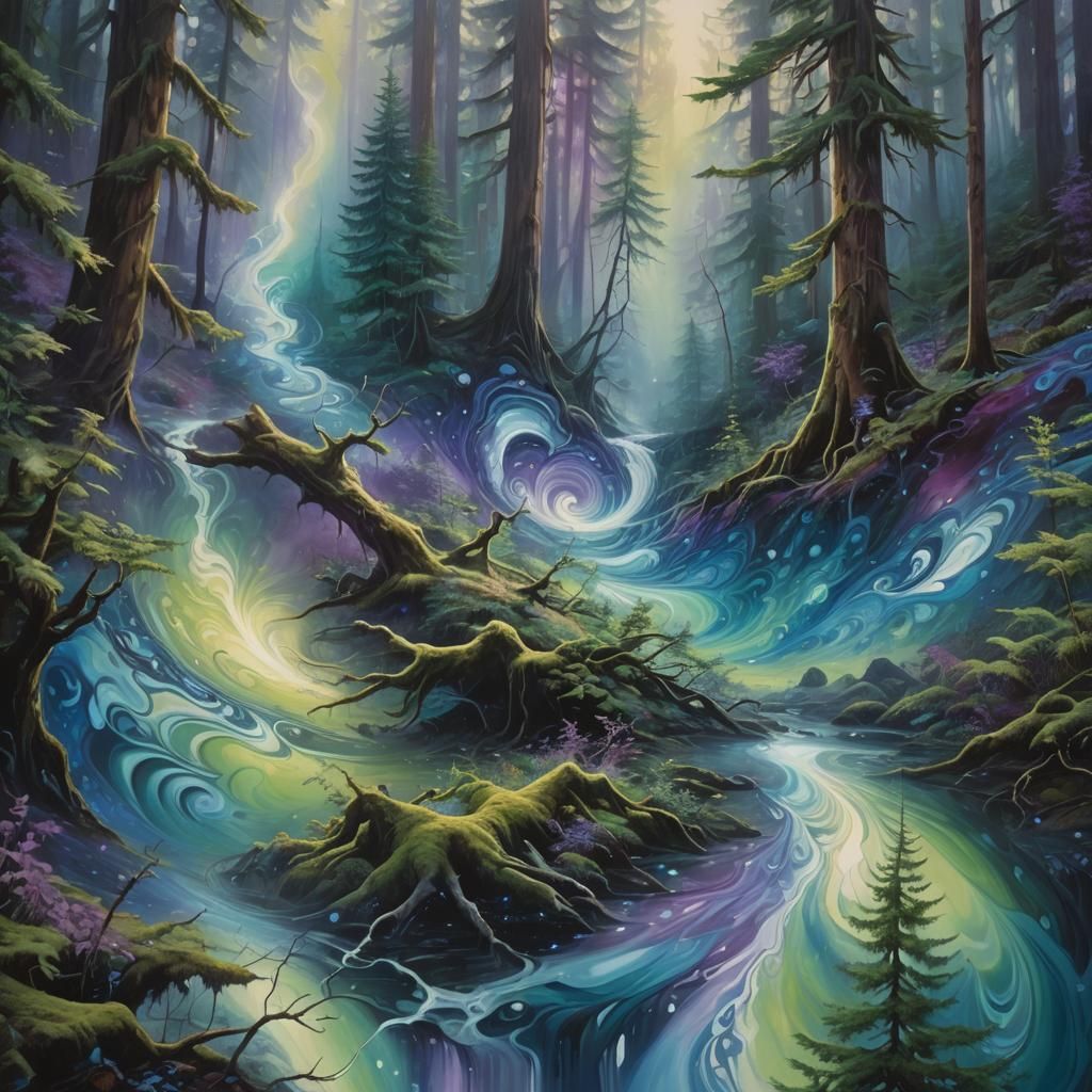 Iridescent Matter Vortex in Mystical Forest