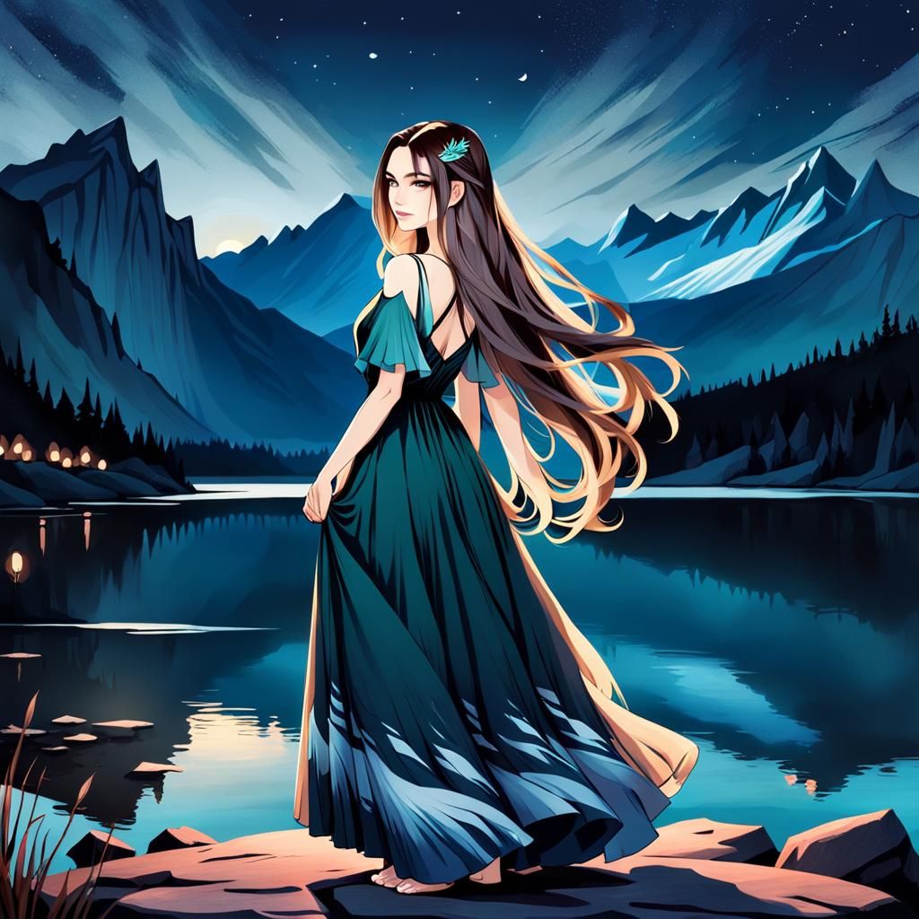 Girl in Flowy Dress by Lake at Night