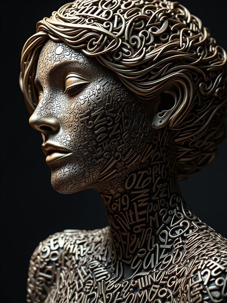 Hyperrealistic Metallic Sculpture of a Woman's Portrait in C...