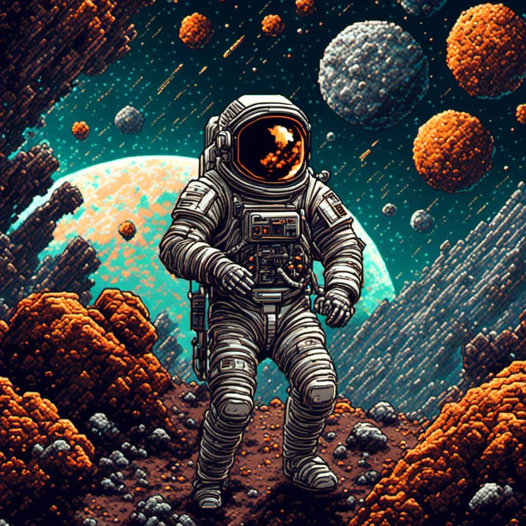 Spaceman navigating an asteroid field <lora:Coffee Pixel Cra...