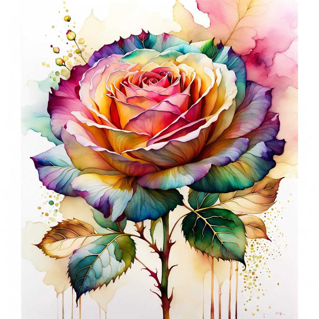 Watercolor Rose with Gold Leaf and Rainbow Colors