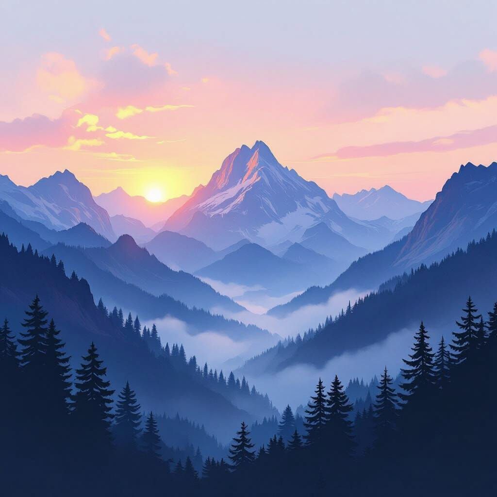 Majestic Mountains at Dawn in Luminous Watercolor Style