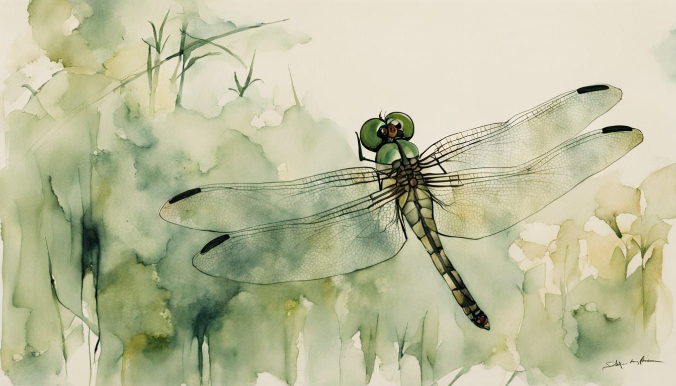 Dreamy Watercolor Dragonfly in Lush Green Meadow