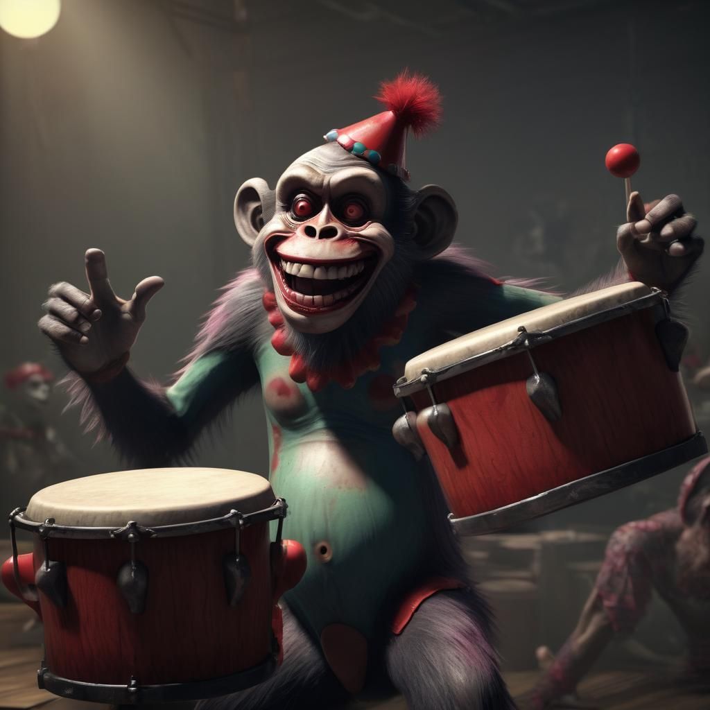 Zombie Clown Monkey Plays Bongos: 3D Artstation Render