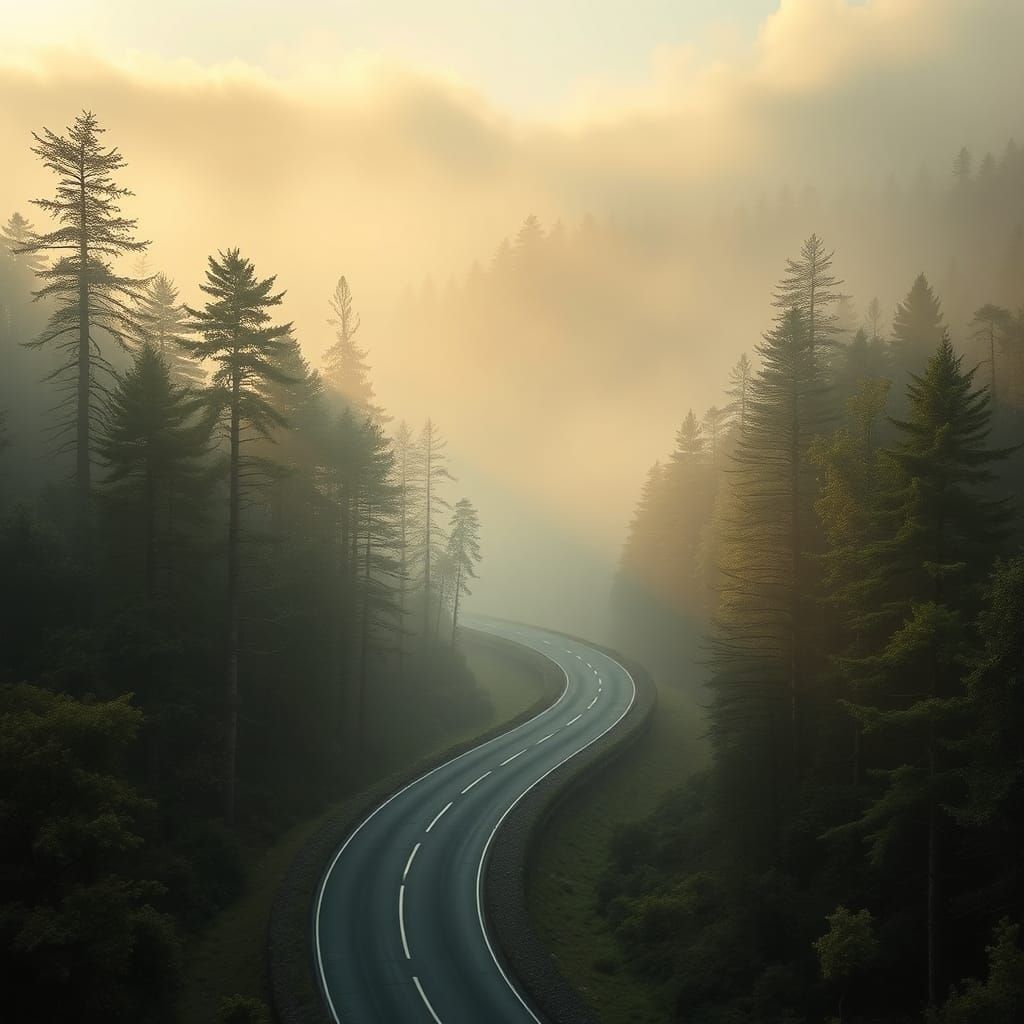Surreal Forest Highway Resembling a Nose at Dawn